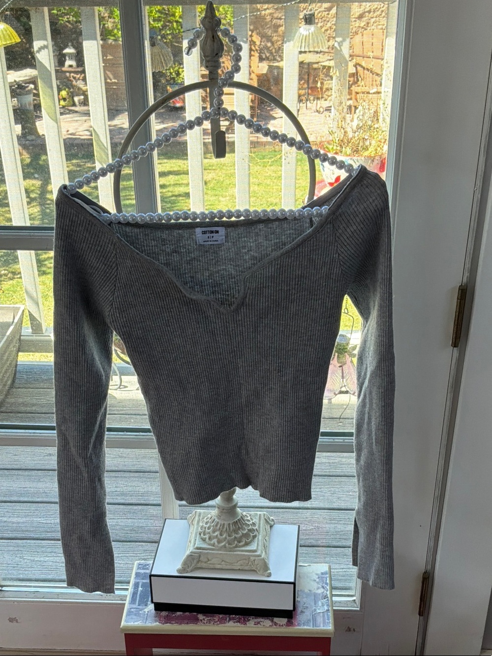 Cotton On Gray Ribbed V‑Neck Long Sleeve Top